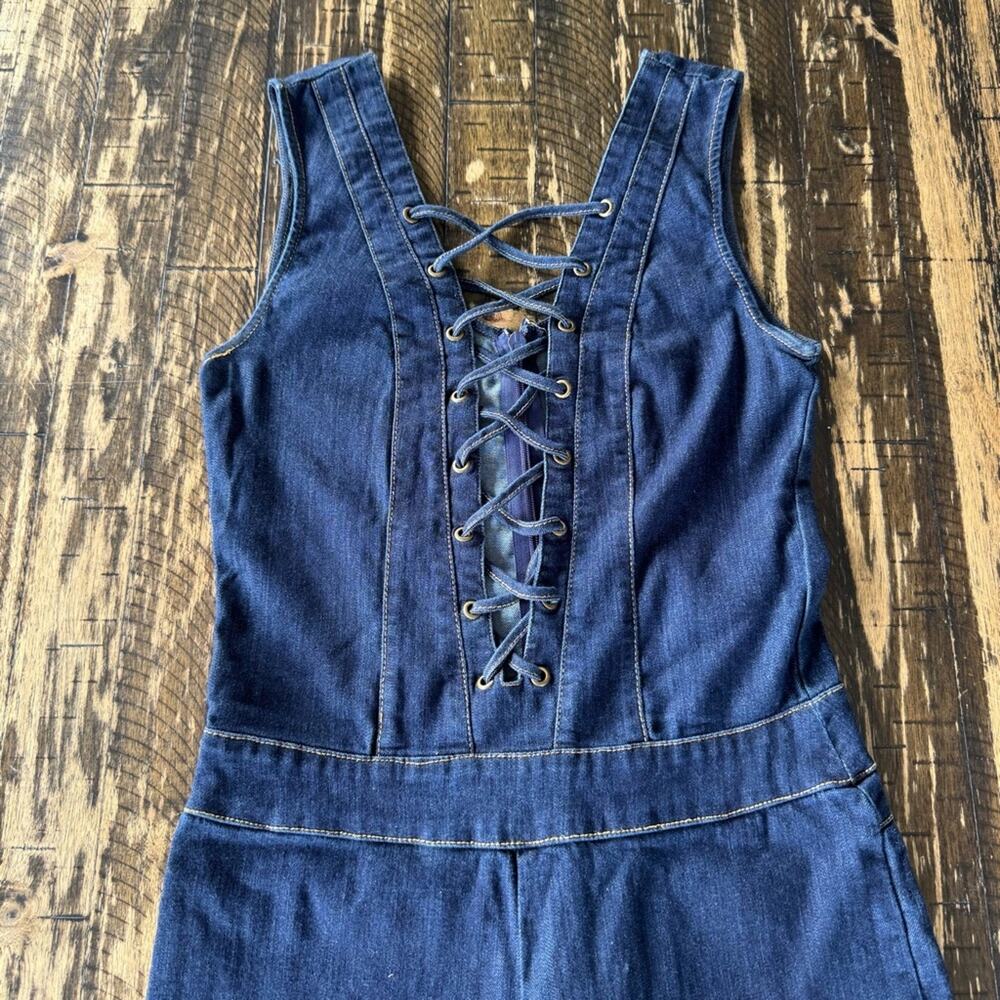 MEBON - Blue Denim Lace-Up Stretch Fitted Jumpsuit - MEDIUM - Picture 6 of 17
